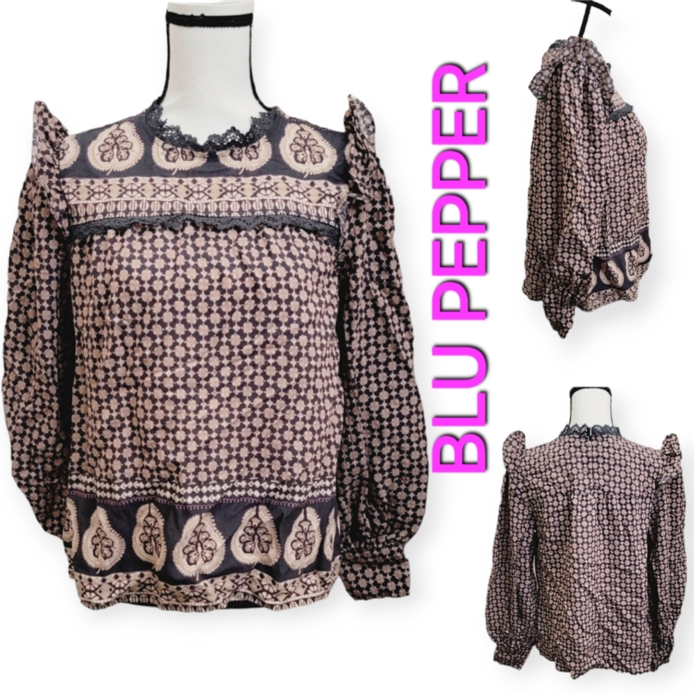 BLU PEPPER Geometric print with ruffle shoulder high neck top